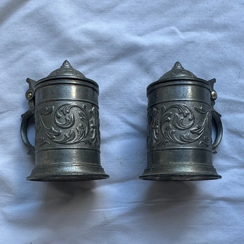 Vintage Miniature Pewter Steins Set of 2 95% SKS ZINN Lidded Beer Mugs 2.5